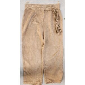 Mantles Petite Suede Crop‎ Pants Fringe Detail Woven Waist Beige Boho Women's 32